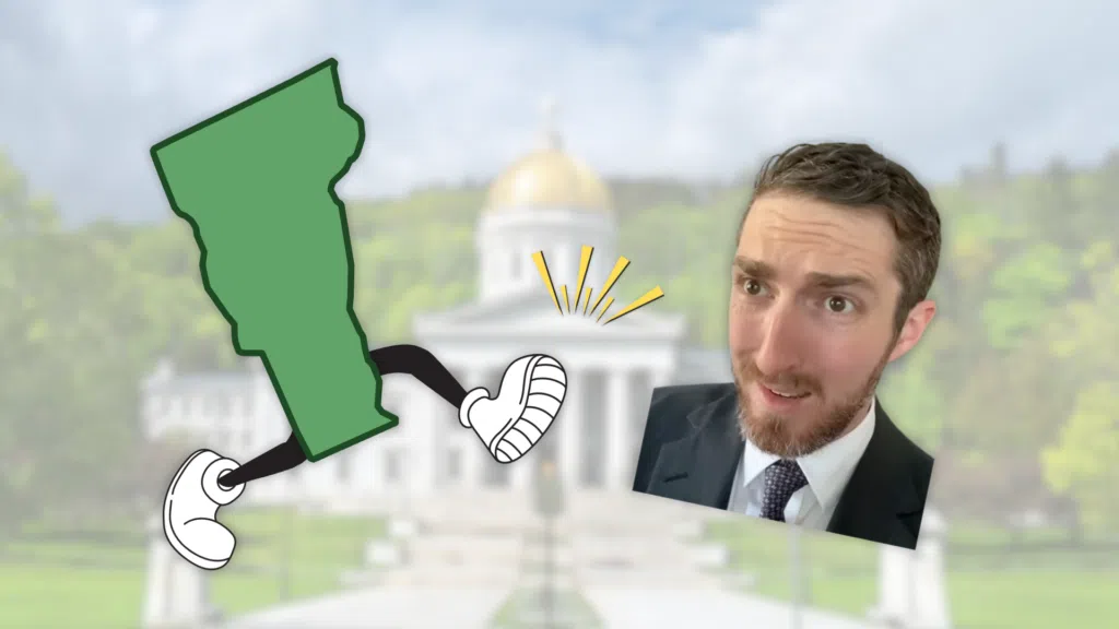 A cartoon of the state of Vermont with legs kicks Dr. Glaucomflecken's Private Equity character.