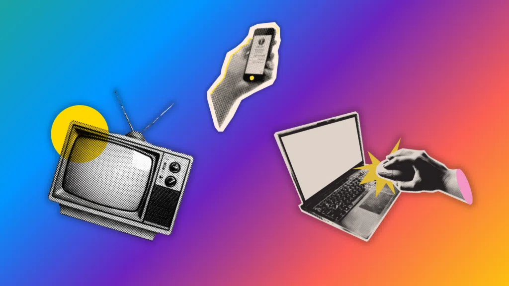 Pop art/newspaper style graphics of a retro TV set, a smartphone in someone's hand, and hands working on a laptop. All are against a colorful gradient background.