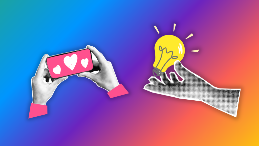 Pop art/newspaper style cutouts of hands holding a smartphone with hearts on the screen, and a hand extended holding a glowing lightbulb. Both are against a colorful gradient background.